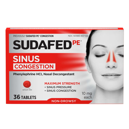 Sudafed PE Sinus Congestion Relief Tablets, Maximum Strength, Non-Drowsy 10 mg Phenylephrine HCI Decongestant for Sinus Pressure & Nasal Congestion Relief, Due to Cold or Allergies, 36 ct - Maple Wellness Supplements