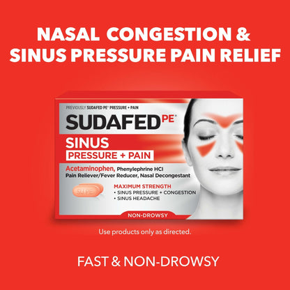 Sudafed PE Sinus Pressure + Pain Relief Tablets, Maximum Strength, Non-Drowsy, OTC Sinus Relief Medicine with Acetaminophen Pain Reliever & Phenylephrine HCl Nasal Decongestant, 24 ct - Maple Wellness Supplements