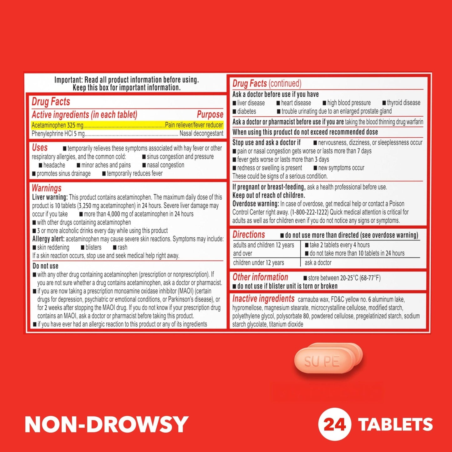 Sudafed PE Sinus Pressure + Pain Relief Tablets, Maximum Strength, Non-Drowsy, OTC Sinus Relief Medicine with Acetaminophen Pain Reliever & Phenylephrine HCl Nasal Decongestant, 24 ct - Maple Wellness Supplements