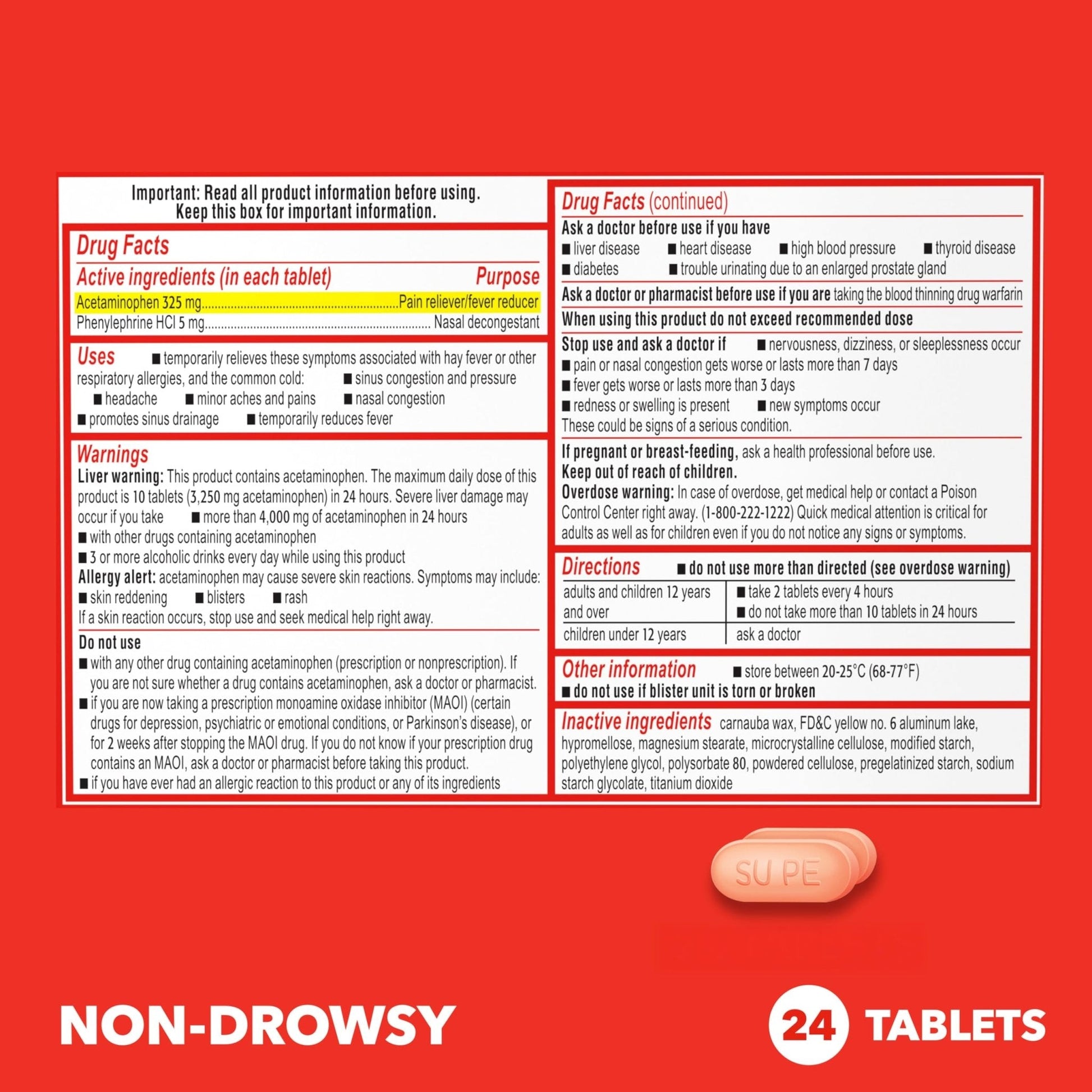 Sudafed PE Sinus Pressure + Pain Relief Tablets, Maximum Strength, Non-Drowsy, OTC Sinus Relief Medicine with Acetaminophen Pain Reliever & Phenylephrine HCl Nasal Decongestant, 24 ct - Maple Wellness Supplements
