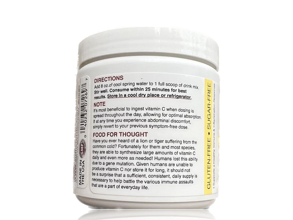 Sufficient-C High Dose Non-GMO Vitamin C Lemon Peach Immune-Ade Drink Mix, Convenient 125 Gram Size w/L-lysine, Bromelain & a Premium 96% Pure Green Tea Extract - Maple Wellness Supplements