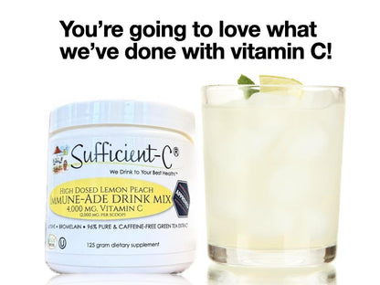 Sufficient-C High Dose Non-GMO Vitamin C Lemon Peach Immune-Ade Drink Mix, Convenient 125 Gram Size w/L-lysine, Bromelain & a Premium 96% Pure Green Tea Extract - Maple Wellness Supplements