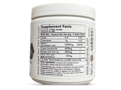 Sufficient-C High Dose Non-GMO Vitamin C Lemon Peach Immune-Ade Drink Mix, Convenient 125 Gram Size w/L-lysine, Bromelain & a Premium 96% Pure Green Tea Extract - Maple Wellness Supplements