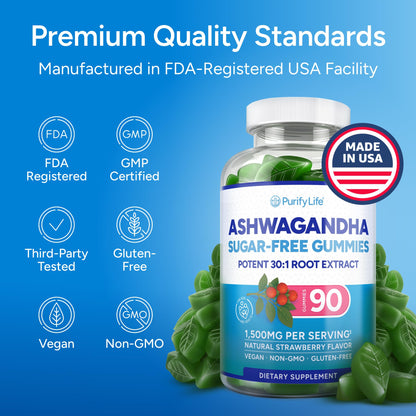 Sugar-Free Ashwagandha Gummies for Stress, Sleep & Mood Support - High-Potency 30:1 Ashwagandha Supplement Extract - Vegan Adaptogen Supplement for Women & Men, Natural Flavor, Plant-Based, 90 Gummies - Maple Wellness Supplements