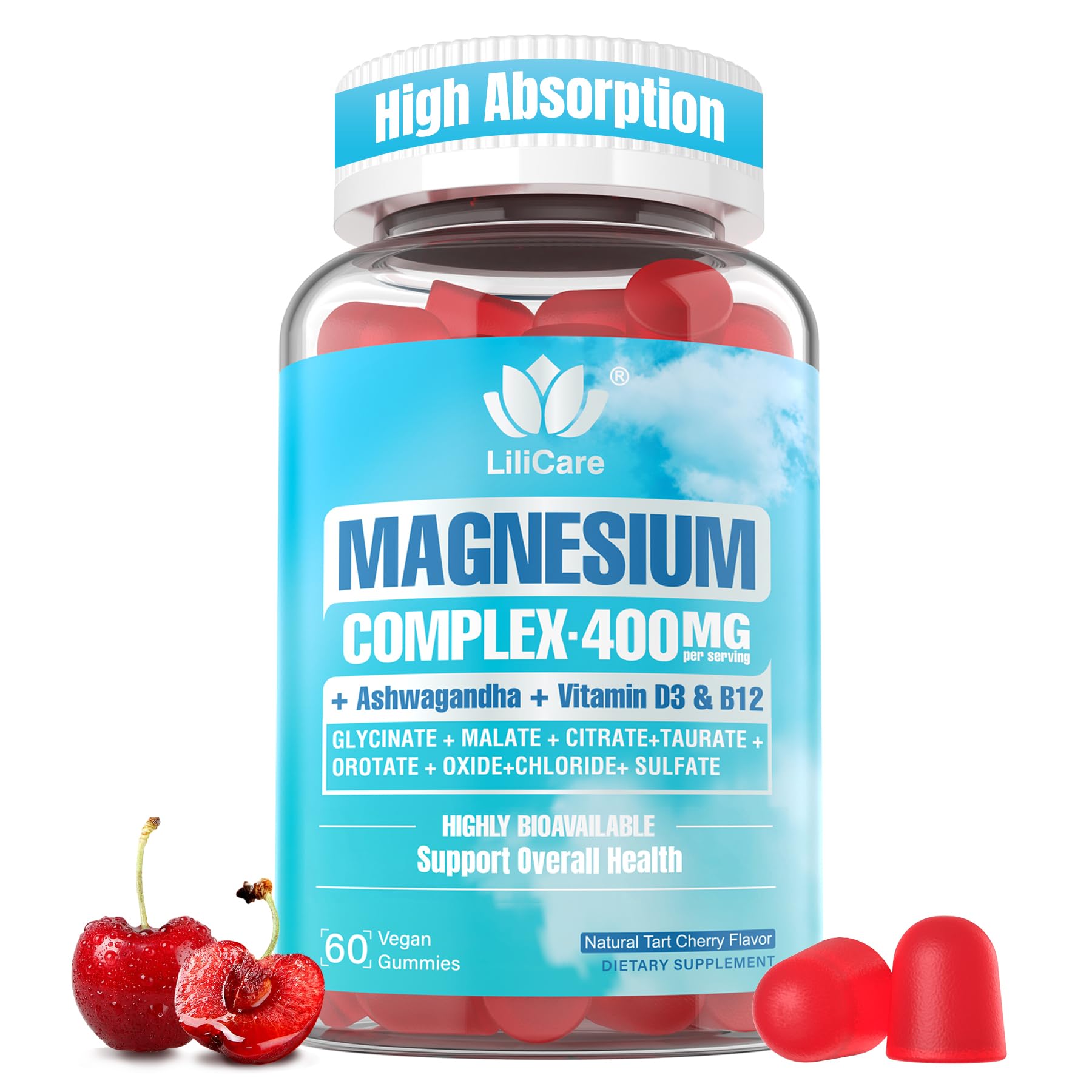Sugar Free Magnesium Complex for Women, Calm Magnesium Gummies for Adults 400mg, Magnesium Glycinate, Citrate, Malate & More- Magnesium Gummy with Magnesium Ashwagandha, D3, B12 for Relax, Calm, Vegan - Maple Wellness Supplements