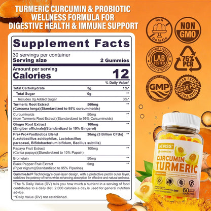Sugar Free Turmeric Curcumin Filled Gummies 550mg for Adults, Ginger & Black Pepper | 95% Curcuminoids w/Prebiotic Probiotic & Postbiotic Blend, Support, Immune & Digestive Health, Vegan, 2Pack - Maple Wellness Supplements