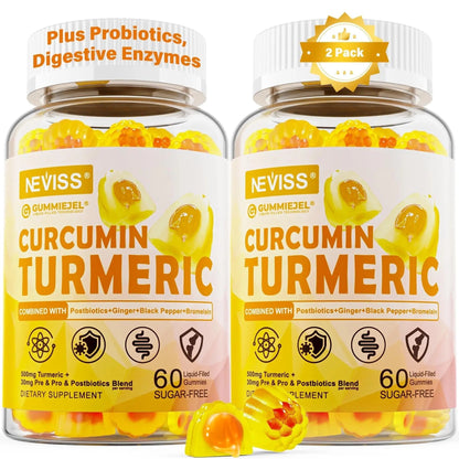 Sugar Free Turmeric Curcumin Filled Gummies 550mg for Adults, Ginger & Black Pepper | 95% Curcuminoids w/Prebiotic Probiotic & Postbiotic Blend, Support, Immune & Digestive Health, Vegan, 2Pack - Maple Wellness Supplements