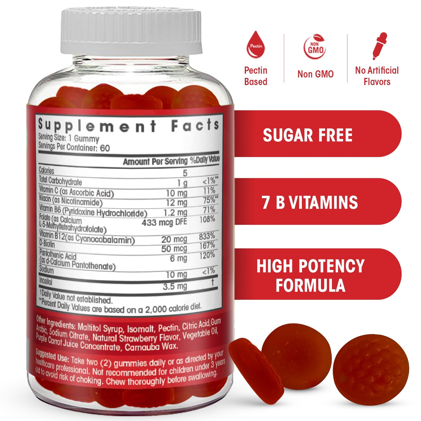 Sugar Free Vitamin B Complex Gummies - Vitamin B12, B7, B6, B3 (Niacin), B5, B8, B9 (Folate)- Third Party Tested- Prenatal, Vegan Diet, Older Adults - Maple Wellness Supplements