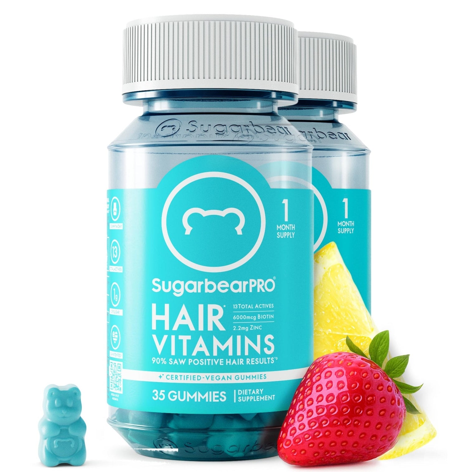 Sugarbear Hair Vitamin Gummy 2 Month Supply Extra Strength Biotin 6000mcg, Growth for Men & Women, Vegan Vitamin B12, MSM, Inositol, Omega 3, Elderberry, Certified Kosher, Halal, Cruelty-Free - Maple Wellness Supplements