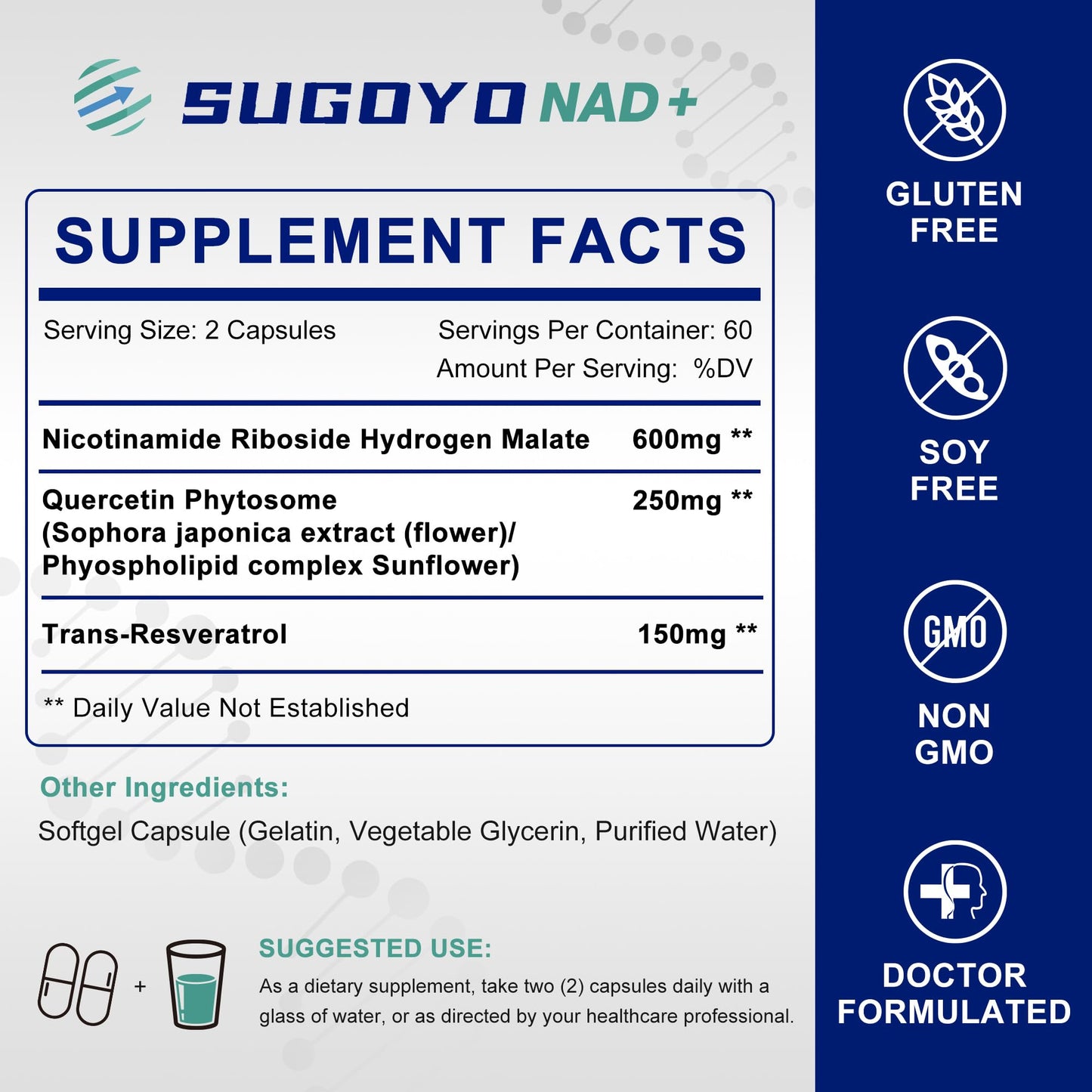 SUGOYO NAD+ Supplement 1000mg Liposomal Nicotinamide Riboside Enhanced with Resveratrol & Quercetin, Anti-Aging & Energy Boost, NMN Alternative, NAD Supplement for Women & Men (60 Count (Pack of 1)) - Maple Wellness Supplements