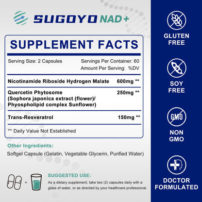 SUGOYO NAD+ Supplement 1000mg Liposomal Nicotinamide Riboside Enhanced with Resveratrol & Quercetin, Anti-Aging & Energy Boost, NMN Alternative, NAD Supplement for Women & Men (60 Count (Pack of 1)) - Maple Wellness Supplements