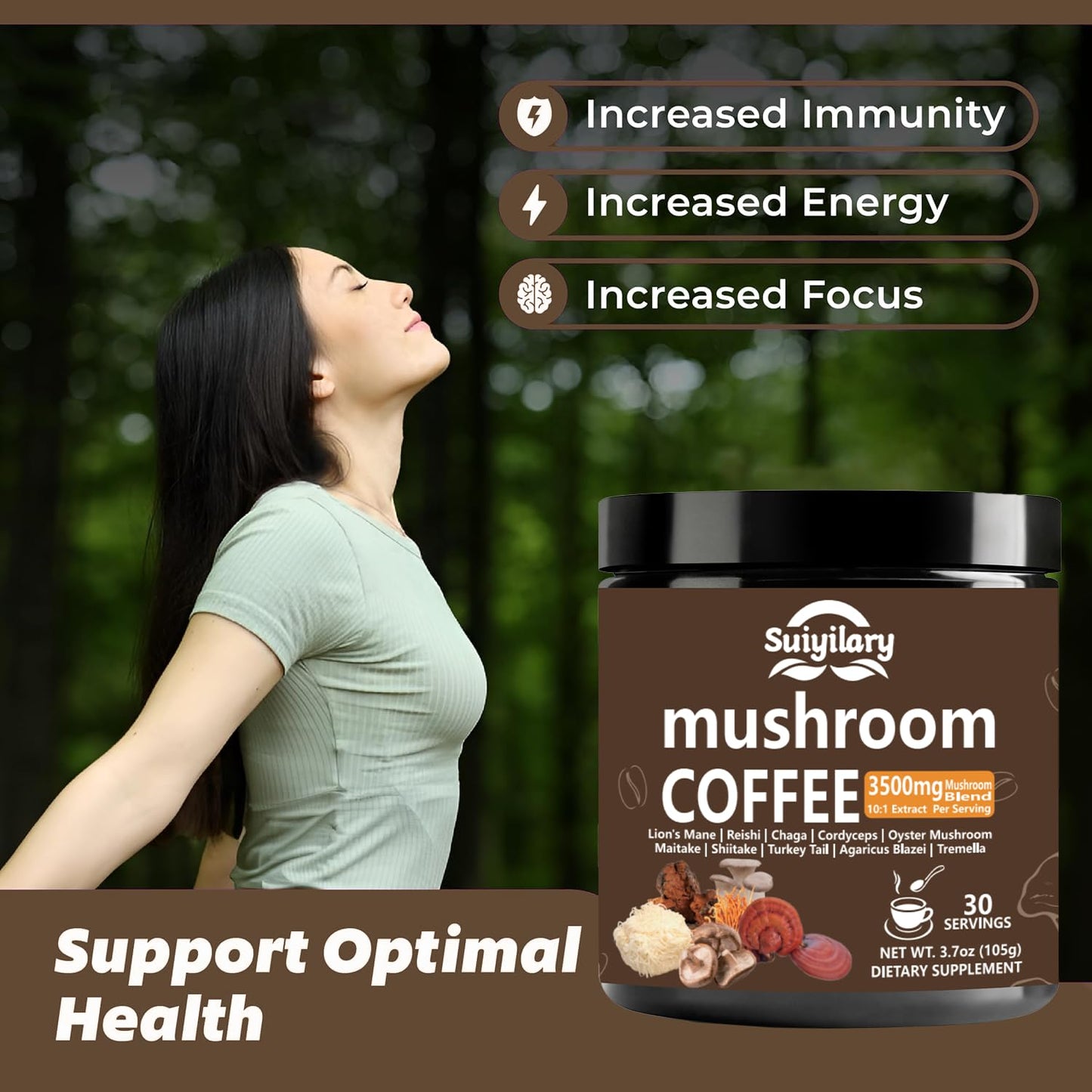 Suiyilary 10 Mushroom Coffee with Arabica w, Lion's Mane, Reishi, Mushroom Polysaccharides & More, Instant Mushrooms Powder for Focus, Immunity Boost, - Maple Wellness Supplements