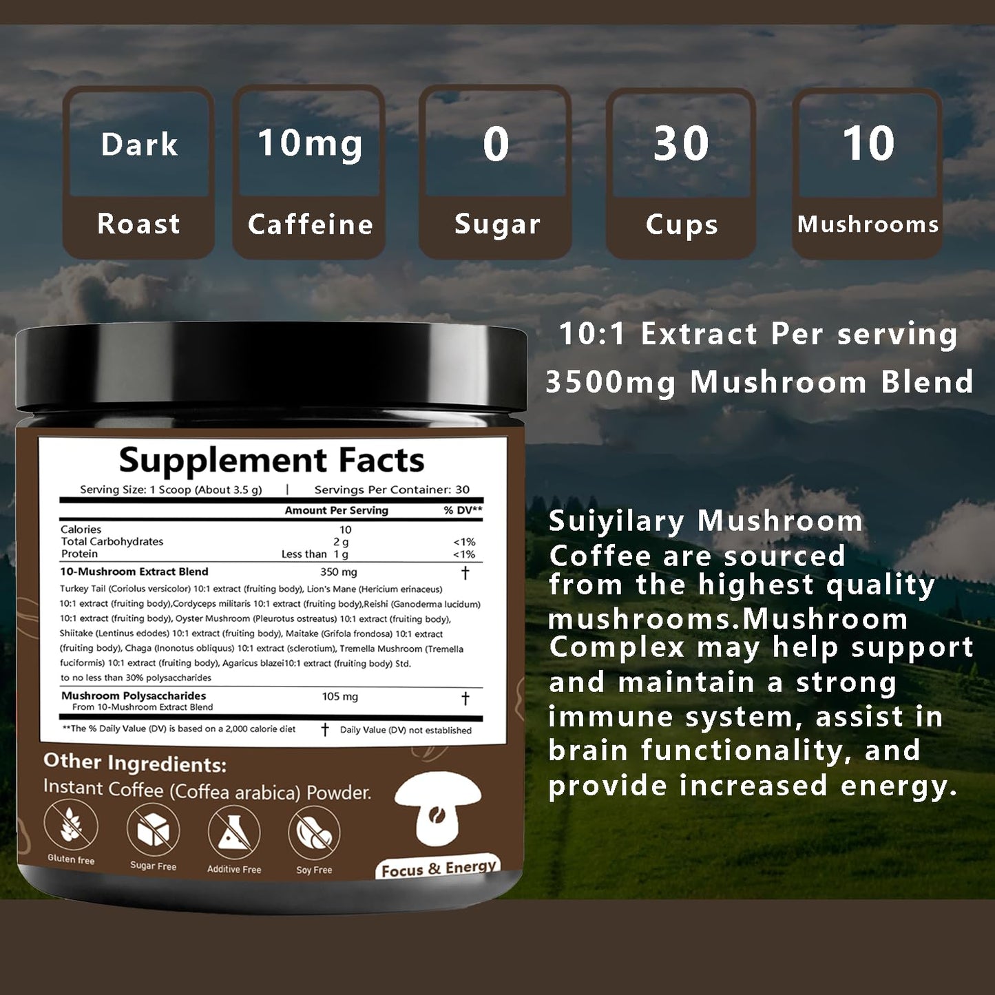 Suiyilary 10 Mushroom Coffee with Arabica w, Lion's Mane, Reishi, Mushroom Polysaccharides & More, Instant Mushrooms Powder for Focus, Immunity Boost, - Maple Wellness Supplements