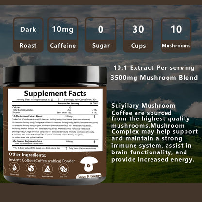 Suiyilary 10 Mushroom Coffee with Arabica w, Lion's Mane, Reishi, Mushroom Polysaccharides & More, Instant Mushrooms Powder for Focus, Immunity Boost, - Maple Wellness Supplements