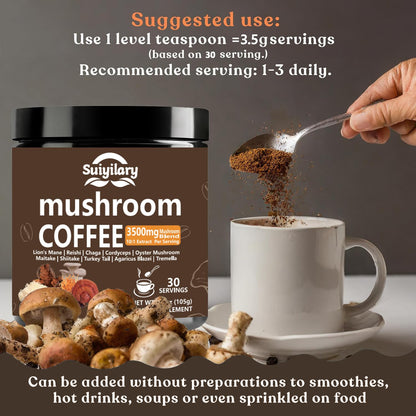 Suiyilary 10 Mushroom Coffee with Arabica w, Lion's Mane, Reishi, Mushroom Polysaccharides & More, Instant Mushrooms Powder for Focus, Immunity Boost, - Maple Wellness Supplements