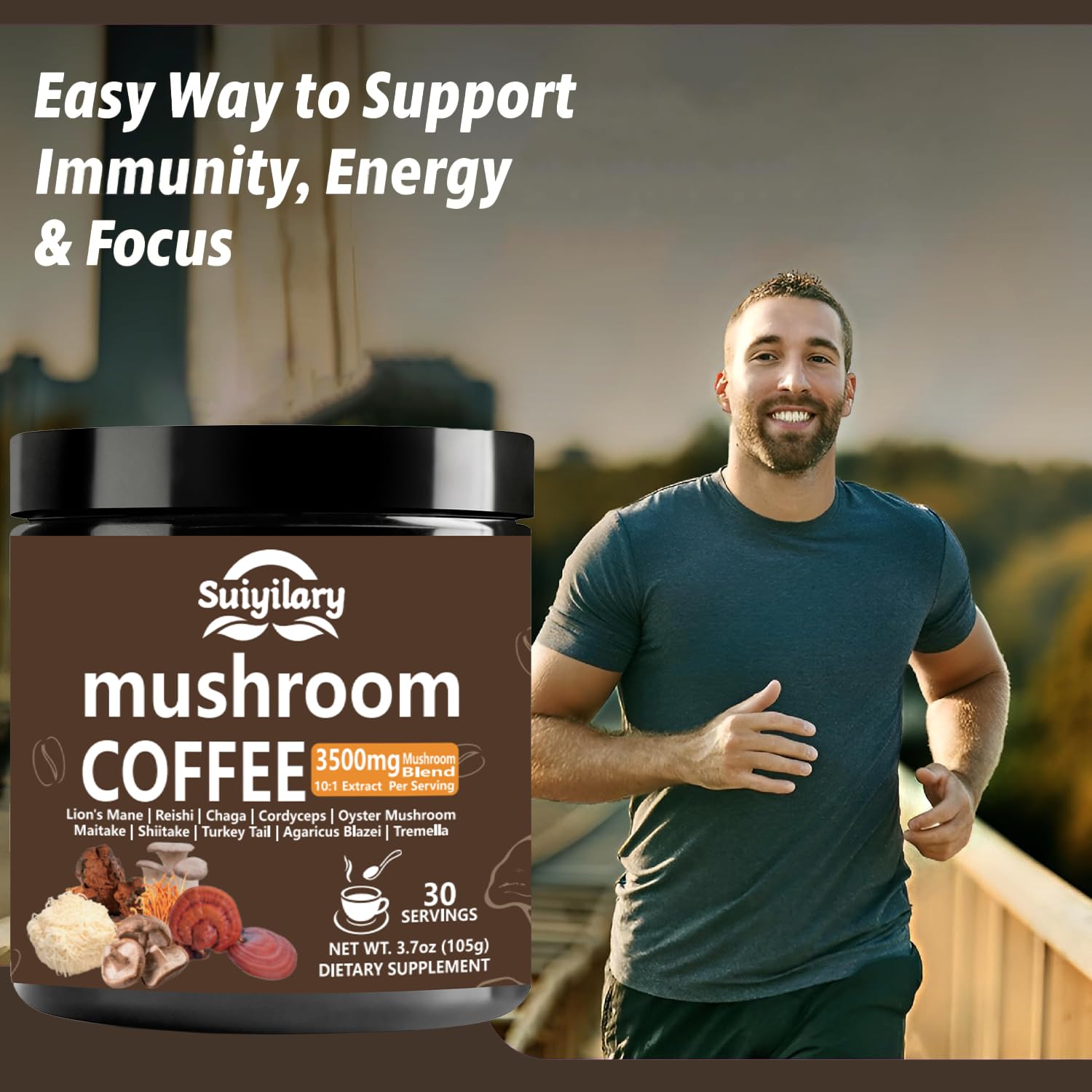 Suiyilary 10 Mushroom Coffee with Arabica w, Lion's Mane, Reishi, Mushroom Polysaccharides & More, Instant Mushrooms Powder for Focus, Immunity Boost, - Maple Wellness Supplements