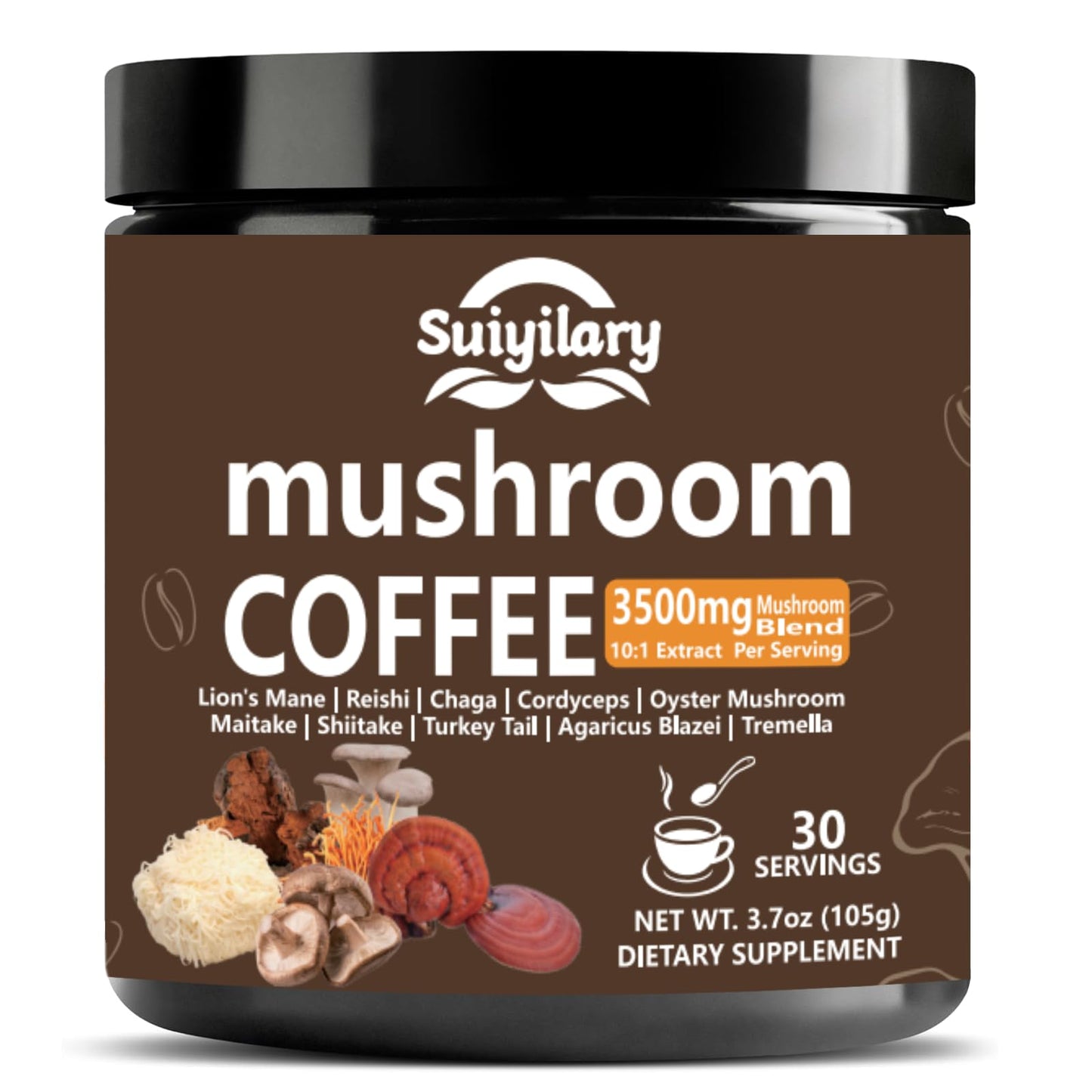 Suiyilary 10 Mushroom Coffee with Arabica w, Lion's Mane, Reishi, Mushroom Polysaccharides & More, Instant Mushrooms Powder for Focus, Immunity Boost, - Maple Wellness Supplements