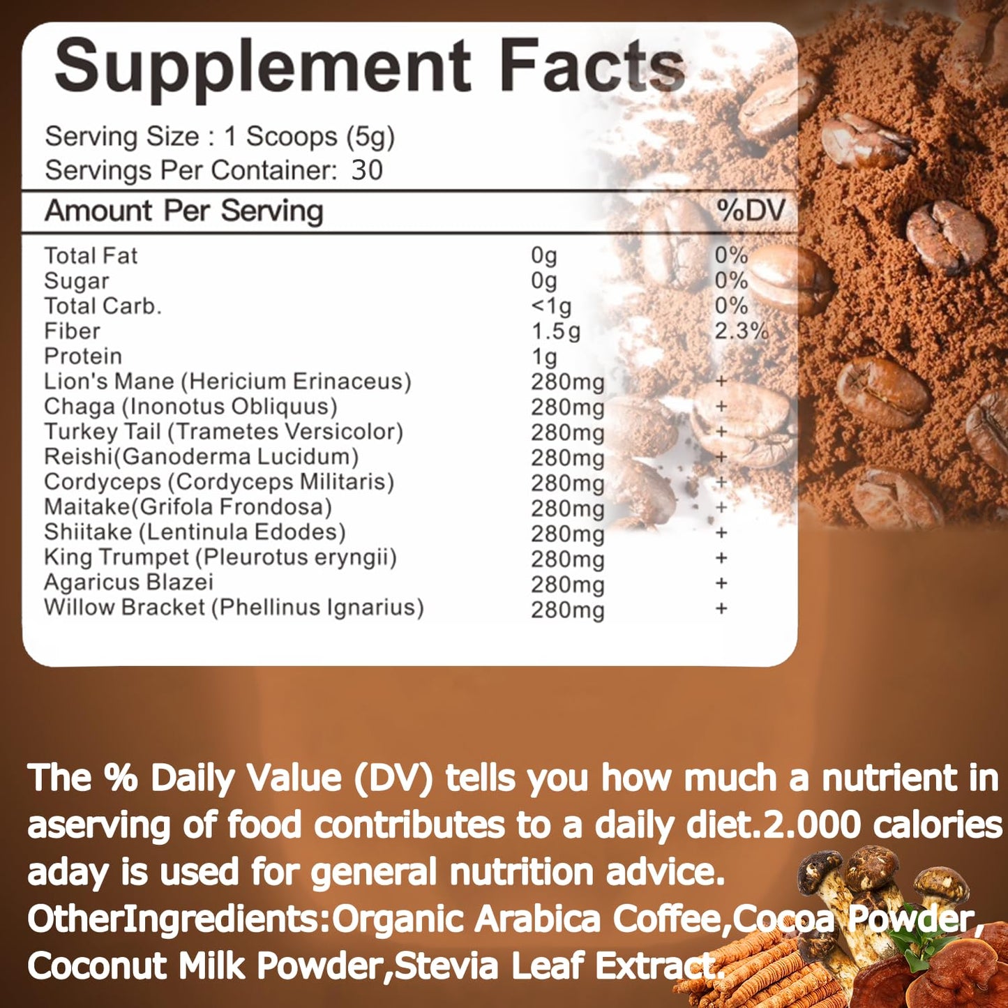 Suiyilary Mushroom Coffee, 10 Mushroom Extract Powder Blend Lion's Mane, Reishi, Chaga - Maple Wellness Supplements