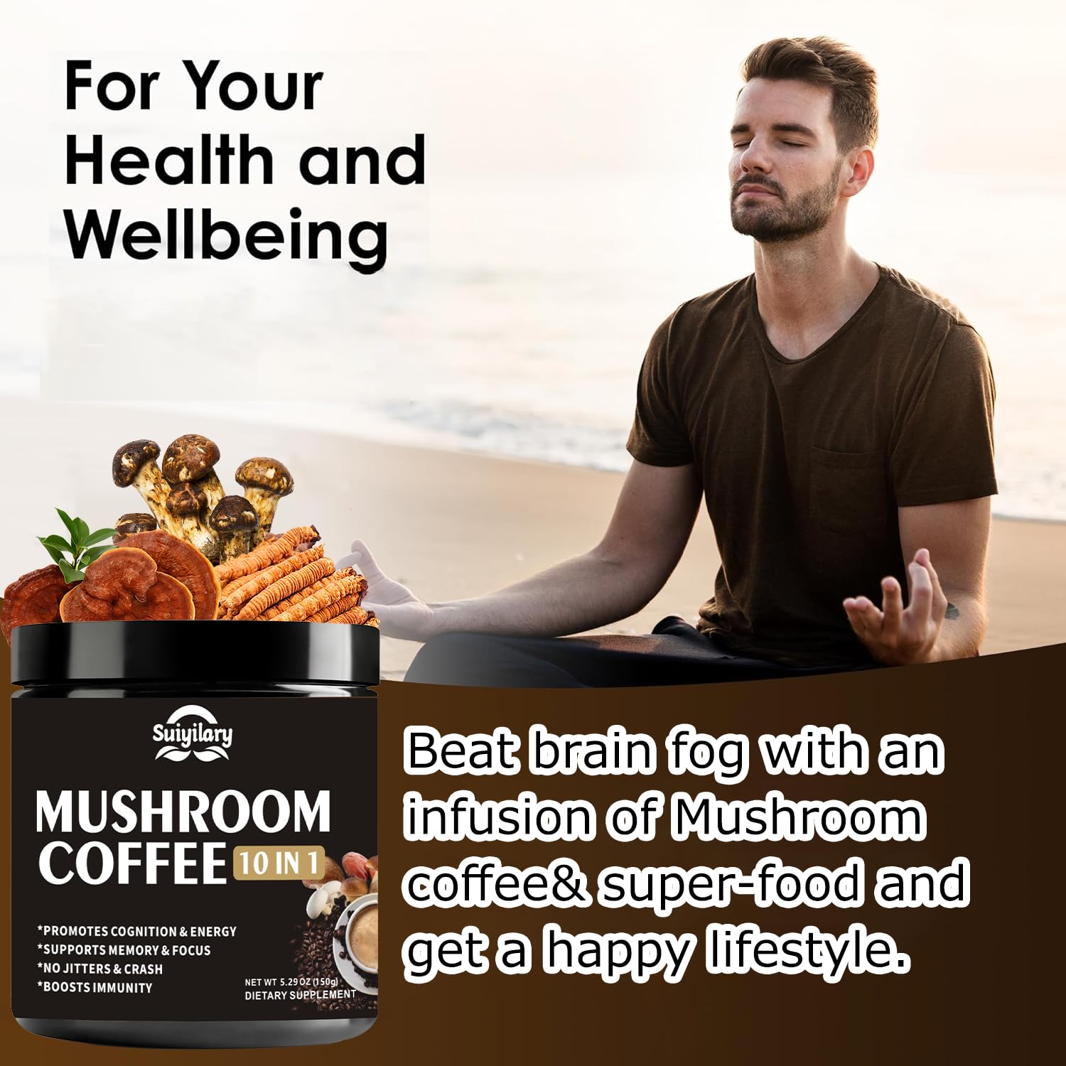 Suiyilary Mushroom Coffee, 10 Mushroom Extract Powder Blend Lion's Mane, Reishi, Chaga - Maple Wellness Supplements