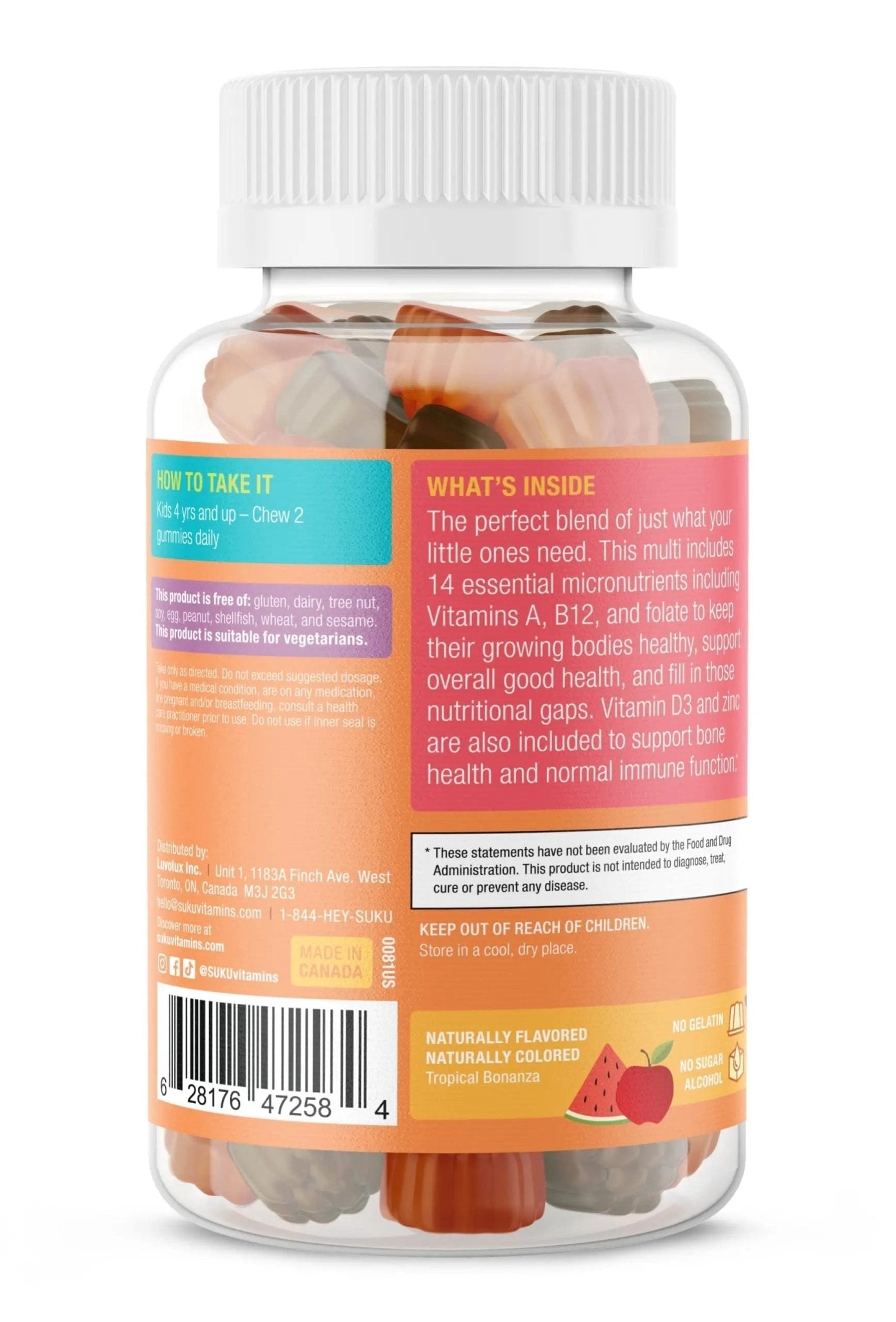 SUKU The Complete Kids Multivitamin Gummies – Vitamins A, C, D, E, B6, B12, Folate & Zinc – Immune Support - Maple Wellness Supplements
