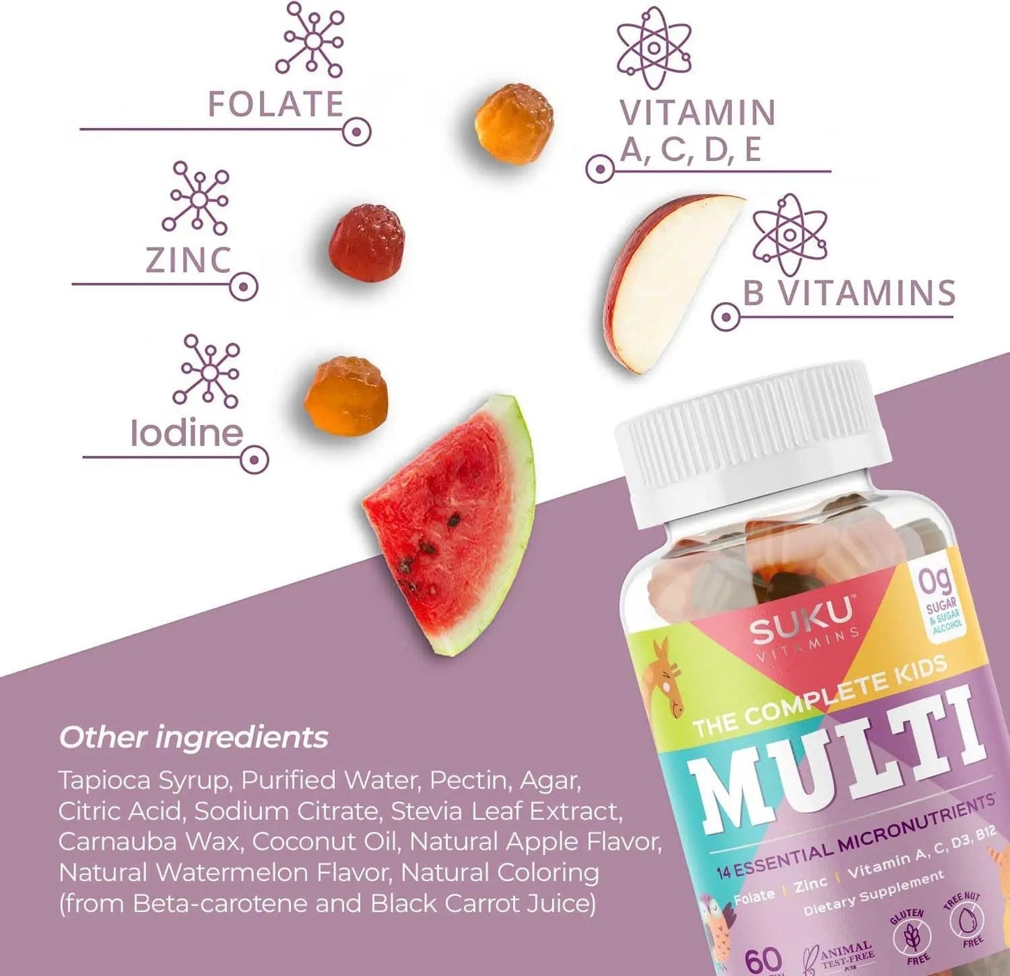 SUKU The Complete Kids Multivitamin Gummies – Vitamins A, C, D, E, B6, B12, Folate & Zinc – Immune Support - Maple Wellness Supplements