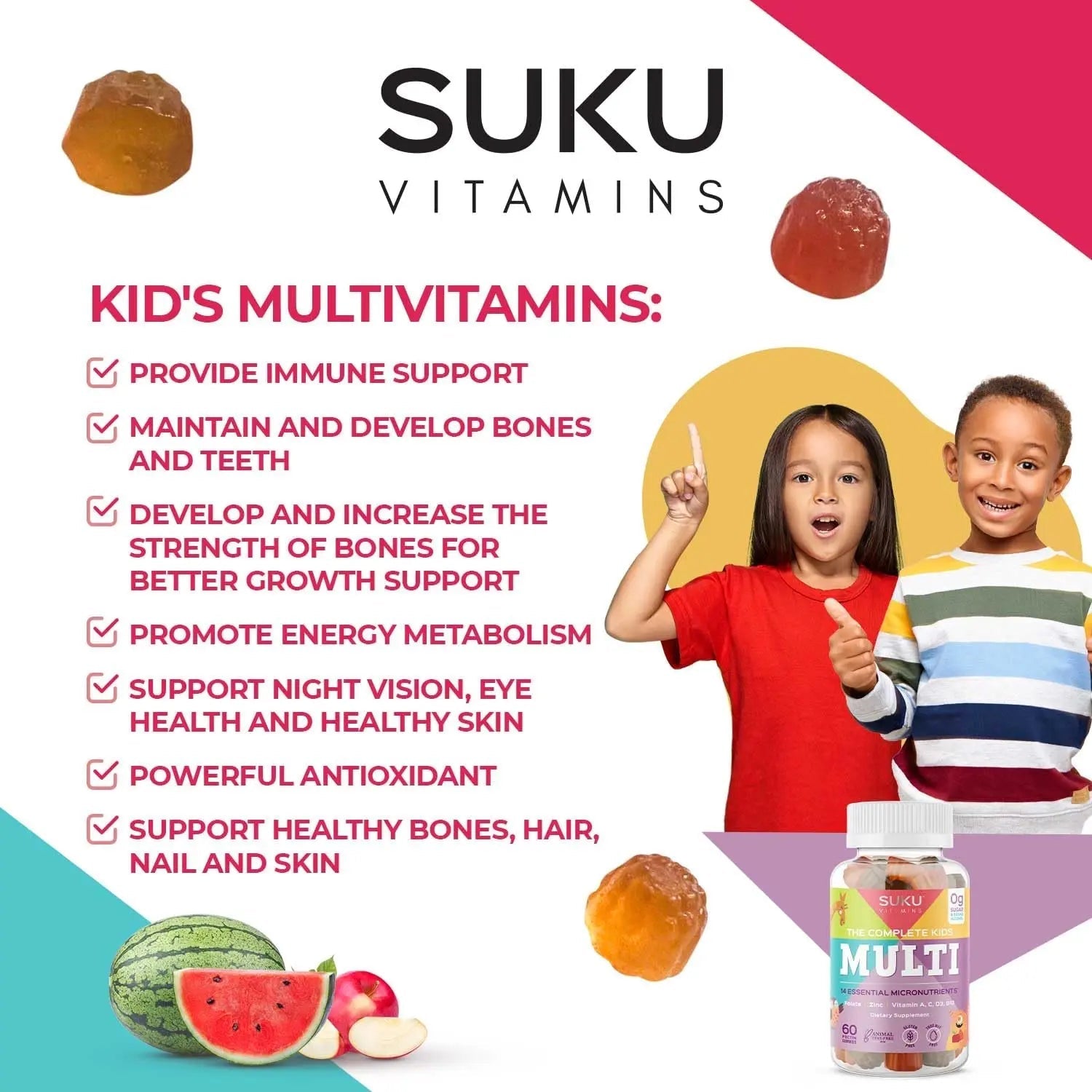 SUKU The Complete Kids Multivitamin Gummies – Vitamins A, C, D, E, B6, B12, Folate & Zinc – Immune Support - Maple Wellness Supplements