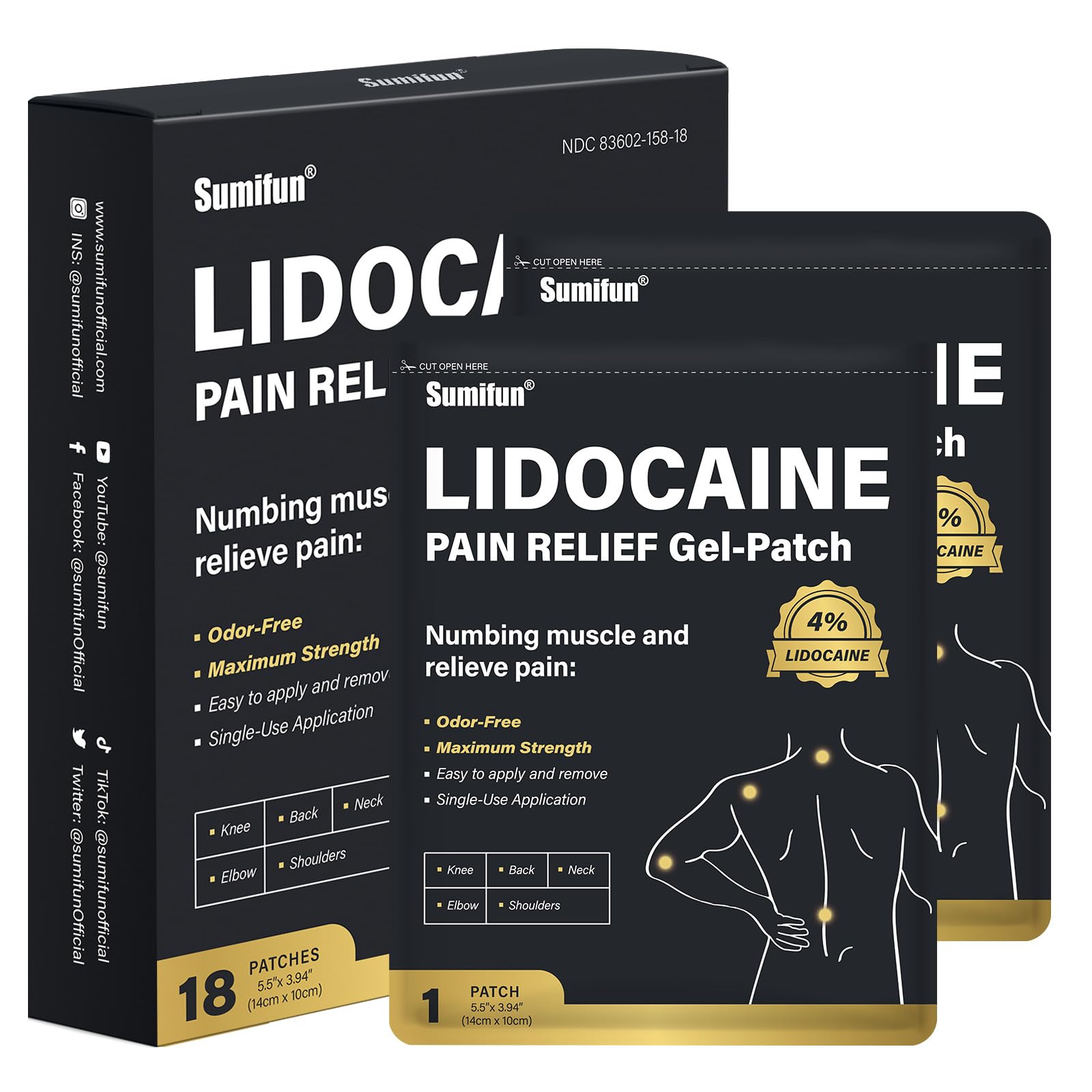 Sumifun 4% Lidocaine Patches, Long Lasting Plaster Patch for Knee, Shoulder, Muscle, Joints with Natural Ingredients, Extended Patch with Lidocaine (Large, Count, 18) - Maple Wellness Supplements