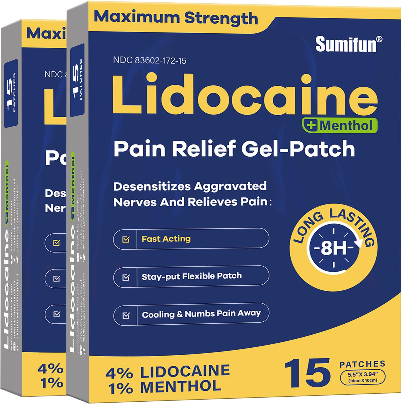 Sumifun 4% Lidocaine Patches Plus 1% Menthol - 30 Counts Maximum Strength OTC Pain Relief Patches for Back Ache Stiff Neck Joint Pain Muscle Soreness Topical Analgesic - Maple Wellness Supplements
