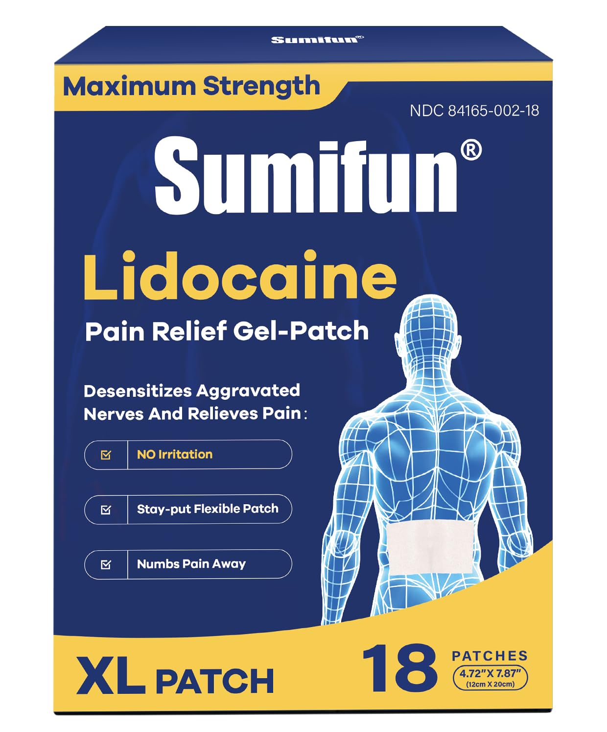 Sumifun 4% Lidocaine XL Pain Patches | Extra Large 4.72"x7.87" for Full Back & Thigh Coverage | Maximum Strength OTC Numbing | 8-Hour Medical Adhesion (X-Large, Count, 18) - Maple Wellness Supplements