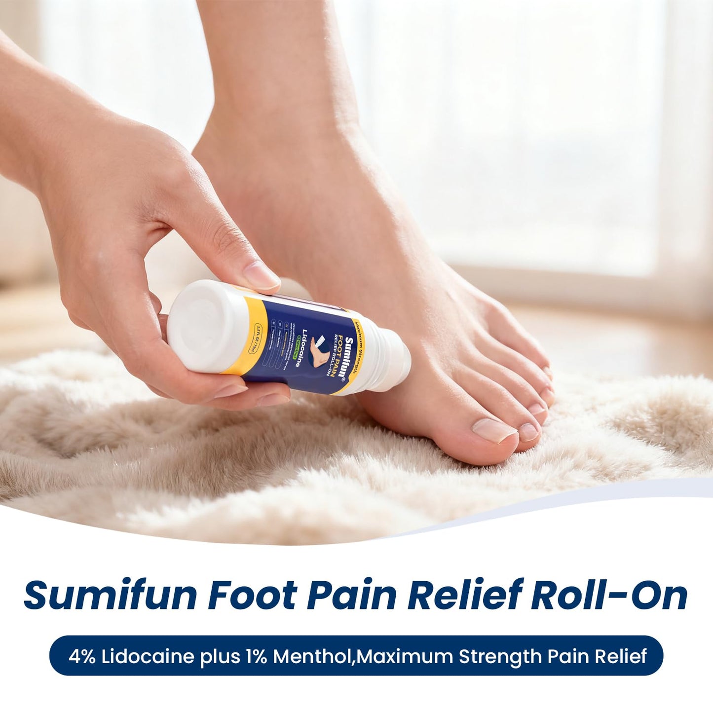 Sumifun Foot Pain Relief Lidocaine Roll-On - Maximum Strength OTC for Plantar Fasciitis & Heel Pain - Fast-Drying, Non-Greasy Formula, 2.5 Fl Oz * 2 - Maple Wellness Supplements
