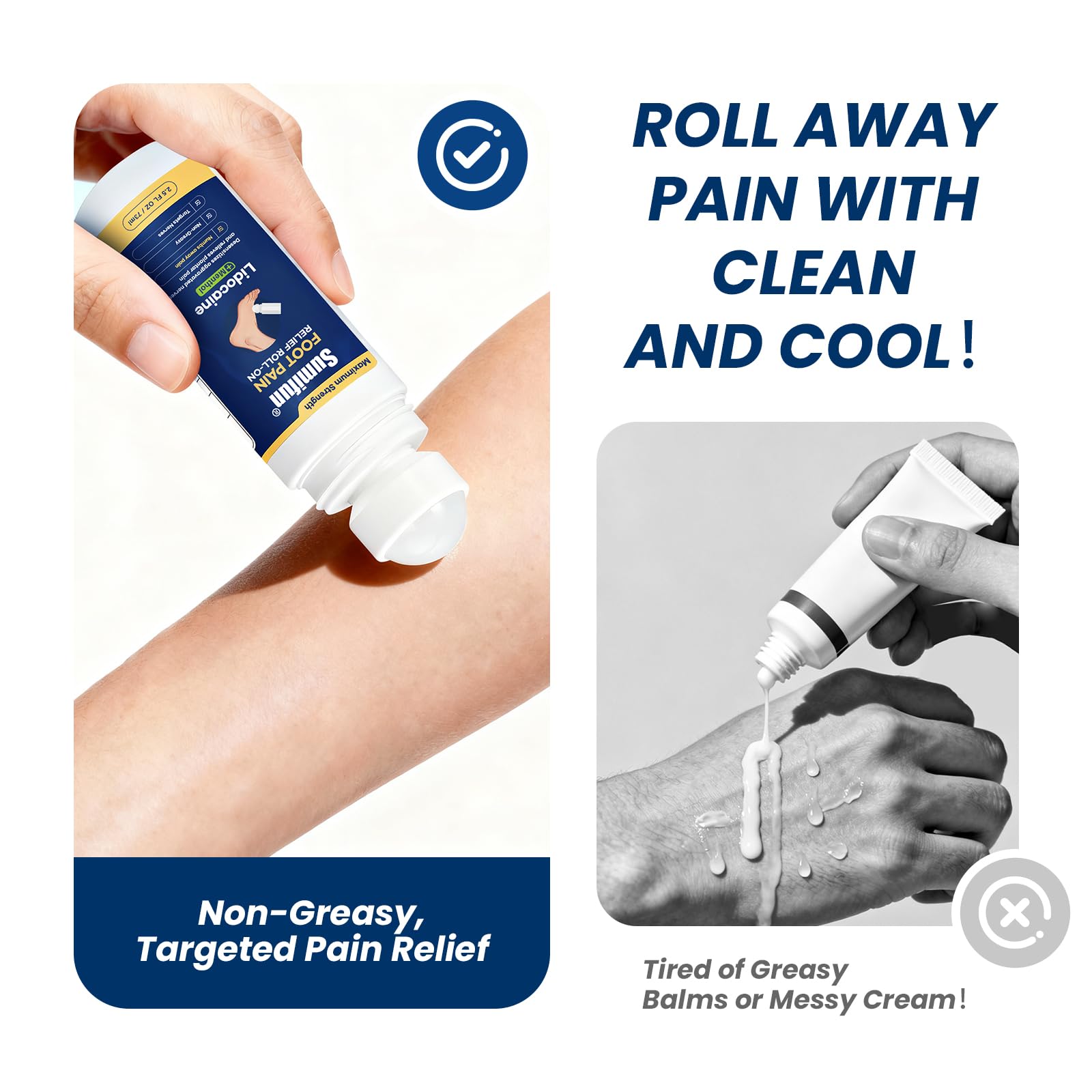 Sumifun Foot Pain Relief Lidocaine Roll-On - Maximum Strength OTC for Plantar Fasciitis & Heel Pain - Fast-Drying, Non-Greasy Formula, 2.5 Fl Oz * 2 - Maple Wellness Supplements
