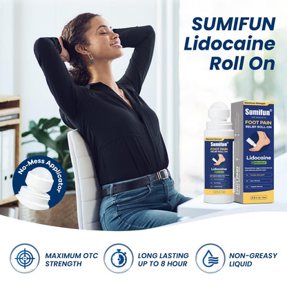 Sumifun Foot Pain Relief Lidocaine Roll-On - Maximum Strength OTC for Plantar Fasciitis & Heel Pain - Fast-Drying, Non-Greasy Formula, 2.5 Fl Oz * 2 - Maple Wellness Supplements