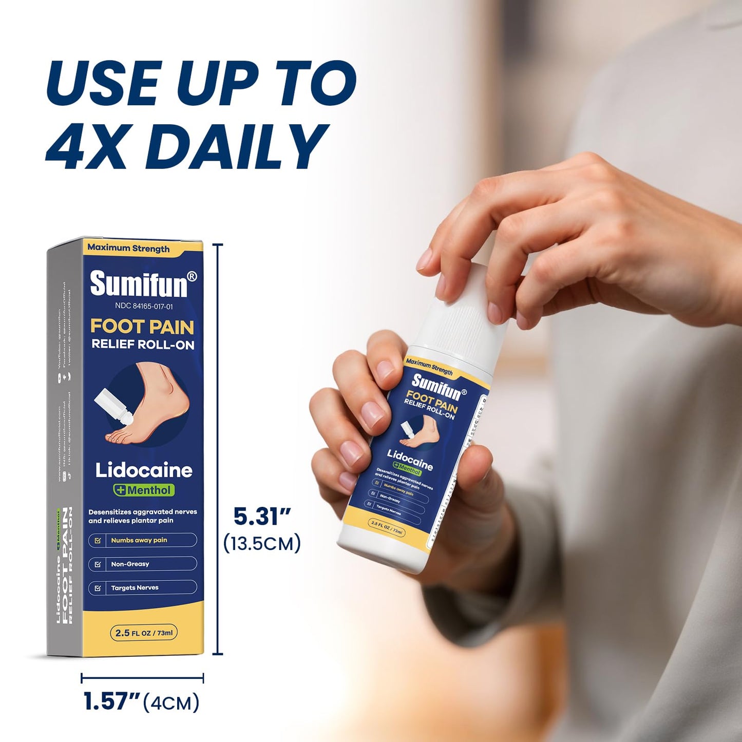 Sumifun Foot Pain Relief Lidocaine Roll-On - Maximum Strength OTC for Plantar Fasciitis & Heel Pain - Fast-Drying, Non-Greasy Formula, 2.5 Fl Oz - Maple Wellness Supplements