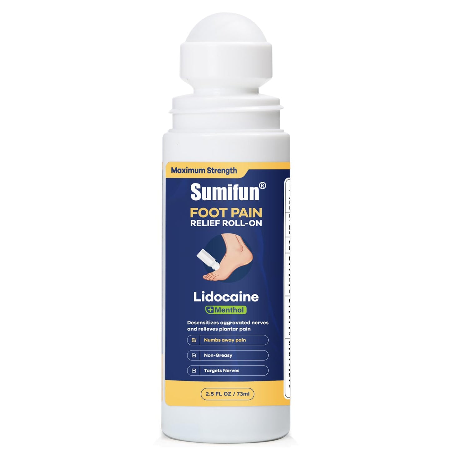 Sumifun Foot Pain Relief Lidocaine Roll-On - Maximum Strength OTC for Plantar Fasciitis & Heel Pain - Fast-Drying, Non-Greasy Formula, 2.5 Fl Oz - Maple Wellness Supplements