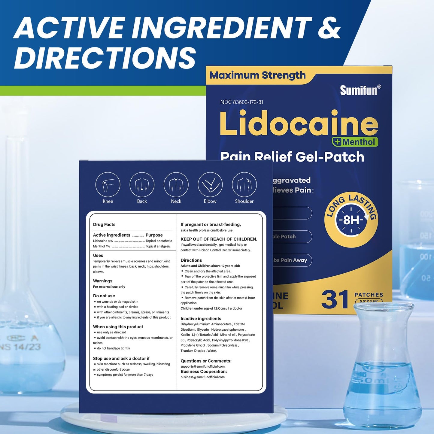 Sumifun Lidocaine Pain Relief Patches - Fast, Targeted Therapy Simple Backache, Soreness, Sprain, Joint Pain with Maximum Strength 4% Lidocaine and 1% Menthol (Large, Count, 31) NDC 83602-172-31 - Maple Wellness Supplements