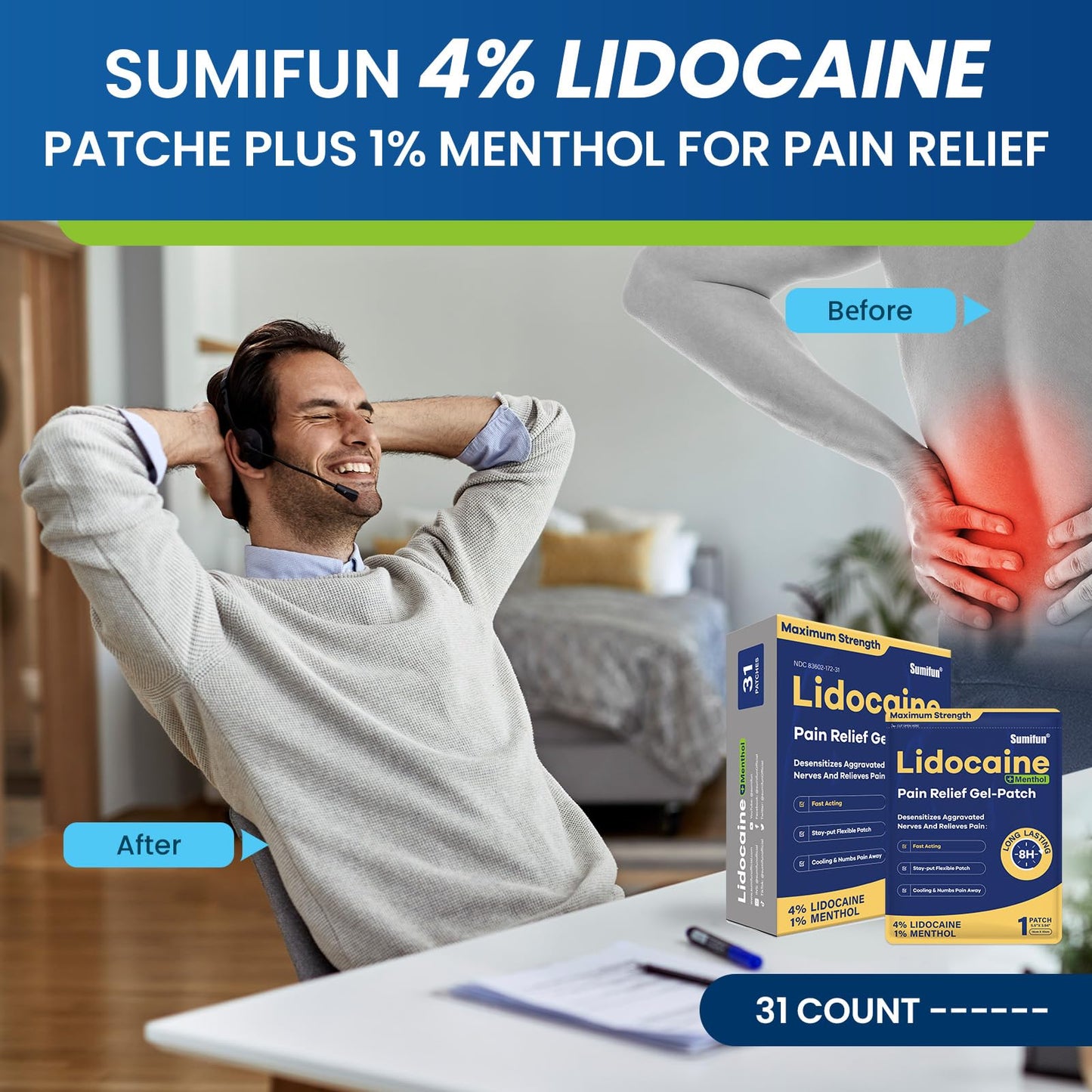 Sumifun Lidocaine Pain Relief Patches - Fast, Targeted Therapy Simple Backache, Soreness, Sprain, Joint Pain with Maximum Strength 4% Lidocaine and 1% Menthol (Large, Count, 31) NDC 83602-172-31 - Maple Wellness Supplements