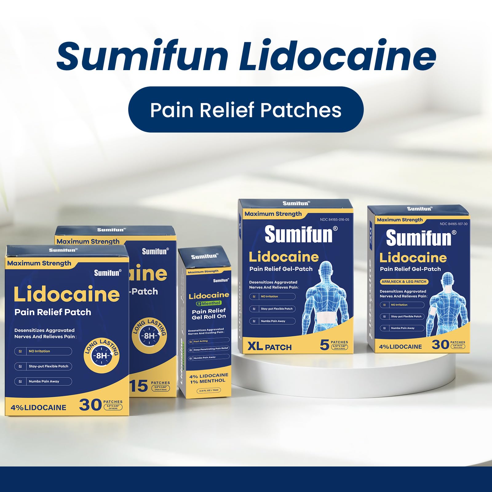 Sumifun XL Lidocaine Patches for Pain Relief, 4% Lidocaine Maximum Strength OTC, Extra Large 4.72"x7.87" for Full Back Pain Patches & Large Areas, 5 Count - Maple Wellness Supplements