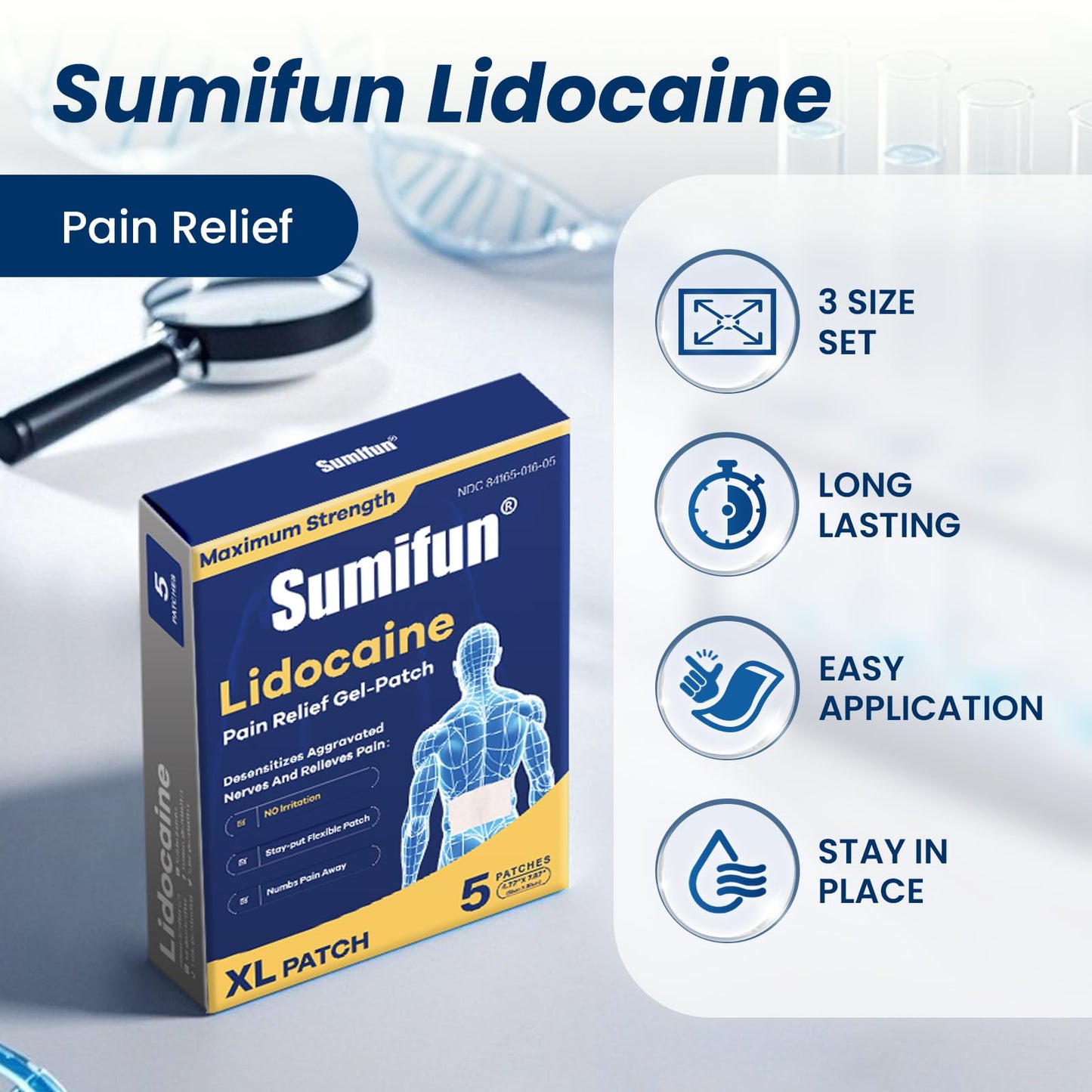 Sumifun XL Lidocaine Patches for Pain Relief, 4% Lidocaine Maximum Strength OTC, Extra Large 4.72"x7.87" for Full Back Pain Patches & Large Areas, 5 Count - Maple Wellness Supplements