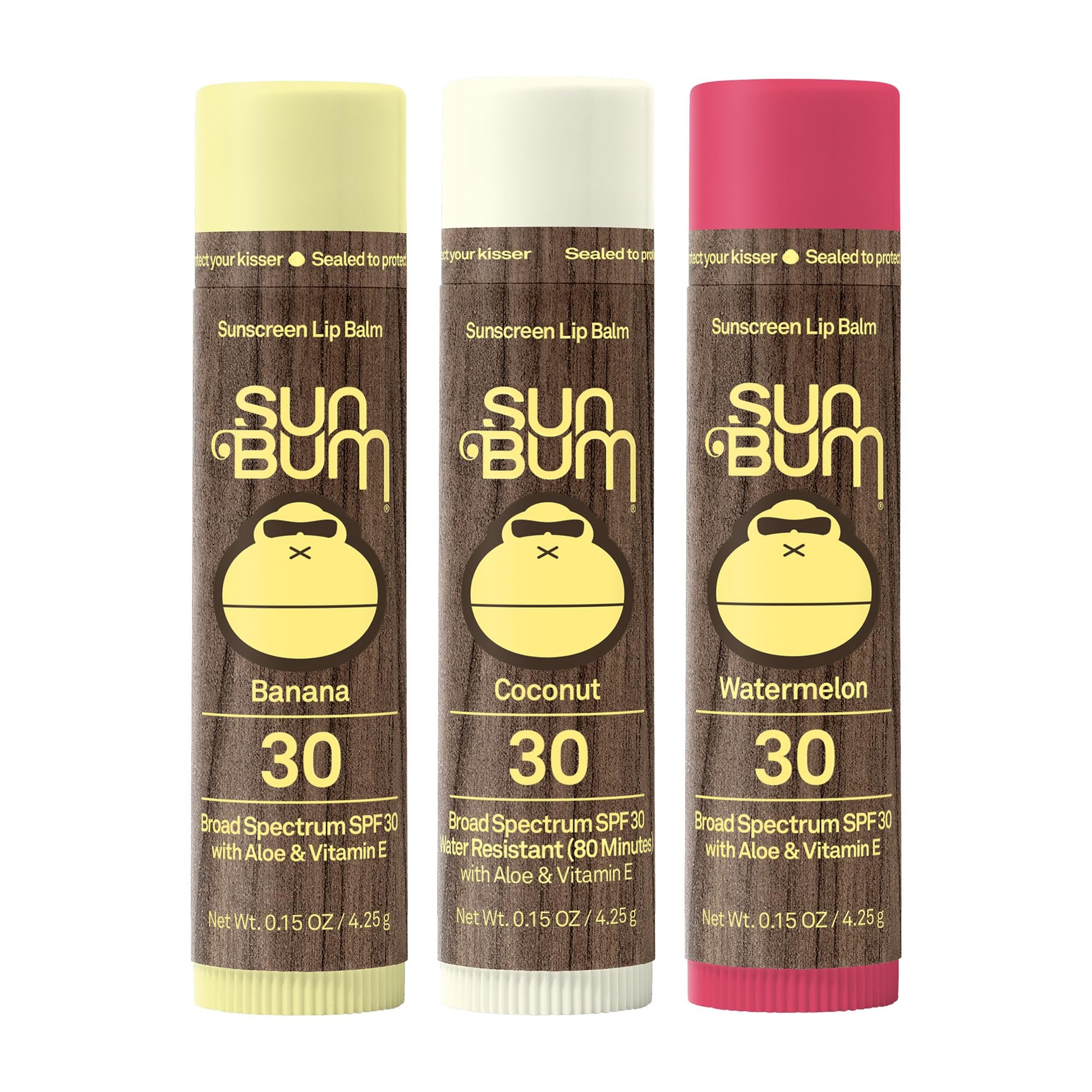 Sun Bum SPF 30 Sunscreen Lip Balm 3 Flavor Variety Pack - Coconut, Banana, Watermelon - Moisturizing Aloe Vera and Vitamin E - Maple Wellness Supplements