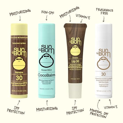 Sun Bum SPF 30 Sunscreen Lip Balm 3 Flavor Variety Pack - Coconut, Banana, Watermelon - Moisturizing Aloe Vera and Vitamin E - Maple Wellness Supplements
