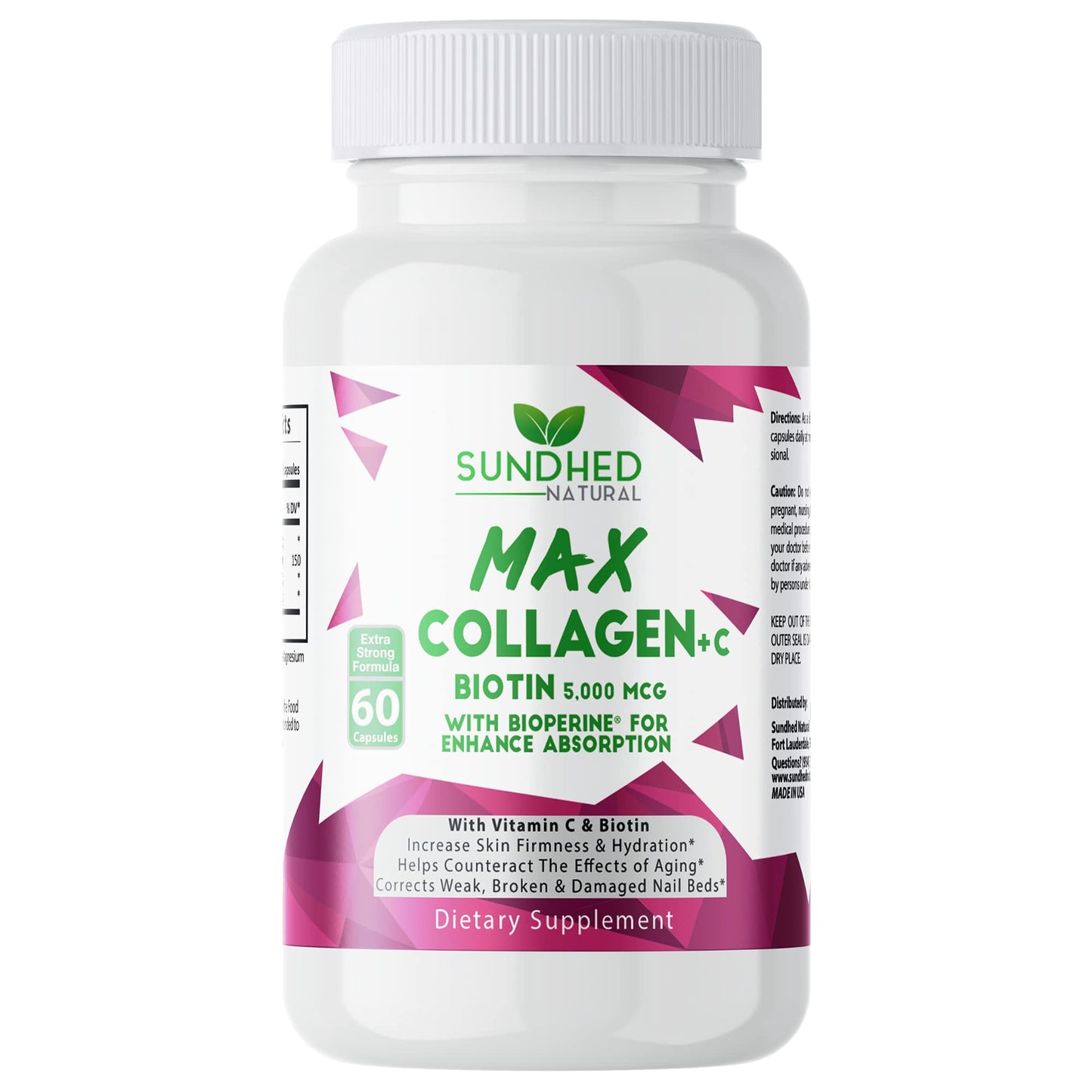 Sundhed Natural Max Collagen Plus C (60 caps) - All Natural Collagen Capsules with Biotin & Bioperine to Boost Anti Aging Hydration & Skin Firmness - Collagen Pills to Strengthen Bones & Nails - Maple Wellness Supplements