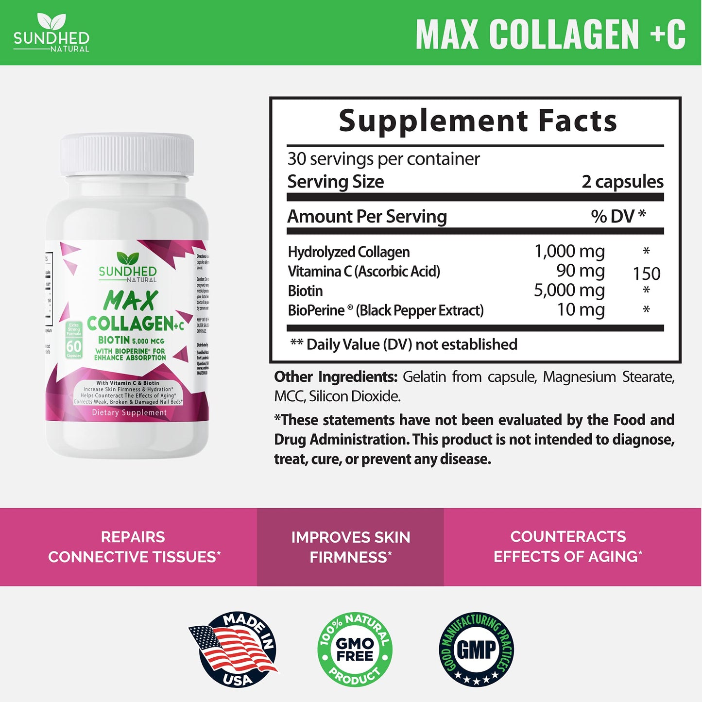 Sundhed Natural Max Collagen Plus C (60 caps) - All Natural Collagen Capsules with Biotin & Bioperine to Boost Anti Aging Hydration & Skin Firmness - Collagen Pills to Strengthen Bones & Nails - Maple Wellness Supplements