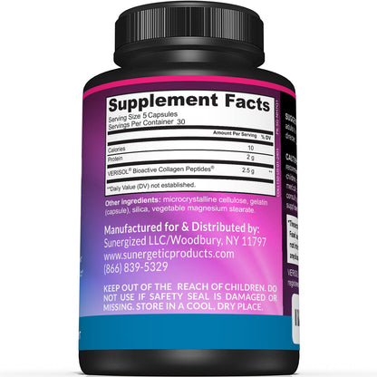 Sunergetic Premium Collagen Peptides Capsules – 2500 mg of VERISOL Collagen Peptides Type 1 & Type 3 – Multi Collagen Supplement to Support Joint Health, Hair, Skin & Nails – 150 Collagen Capsules - Maple Wellness Supplements