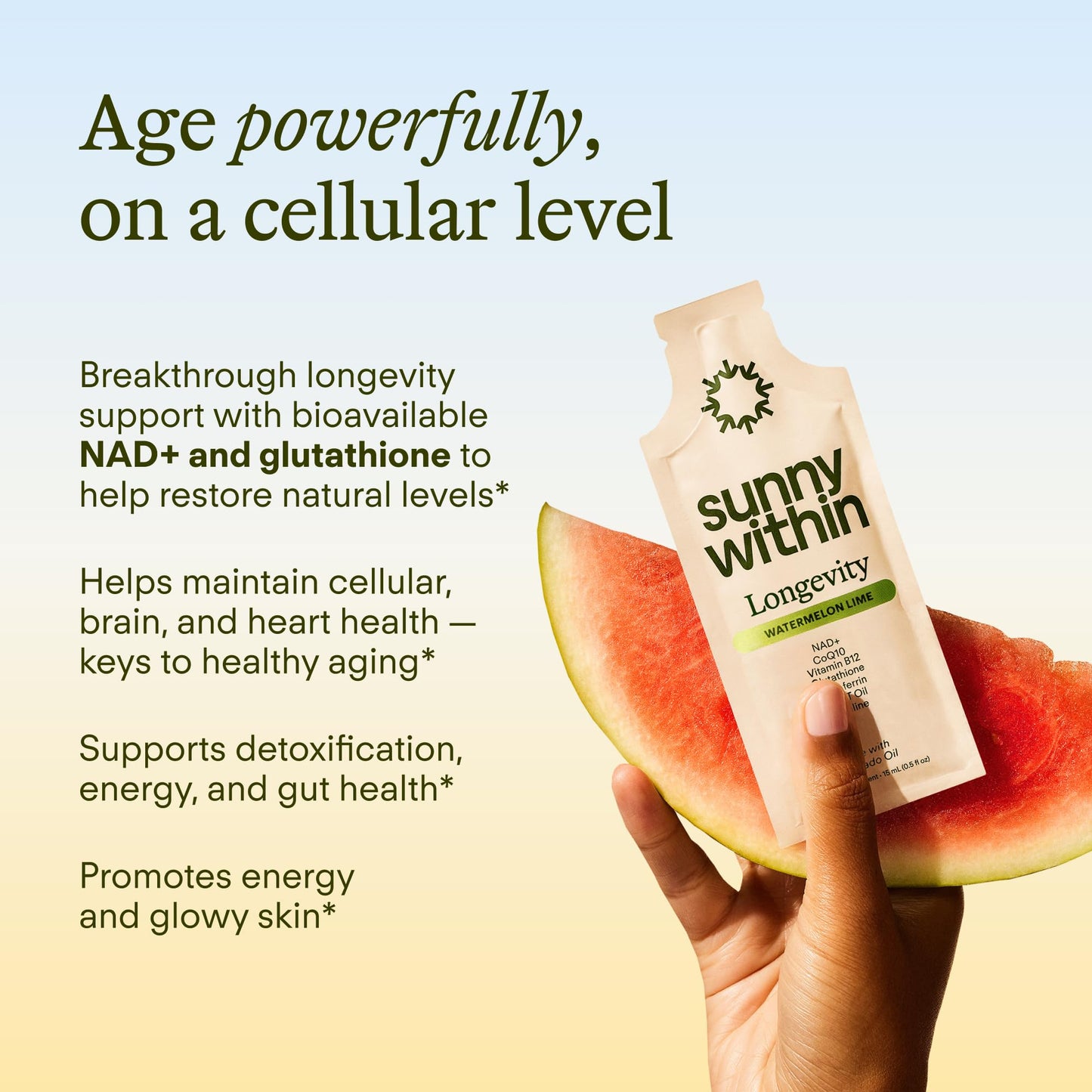 Sunny Within Longevity – Liposomal NAD+ Glutathione Supplement w/Liquid NAD+, CoQ10, B12, MCT & Avocado Oil – Cellular Health, Energy, Brain, Gut & Heart Support* – Watermelon Lime – 30 Pouches - Maple Wellness Supplements