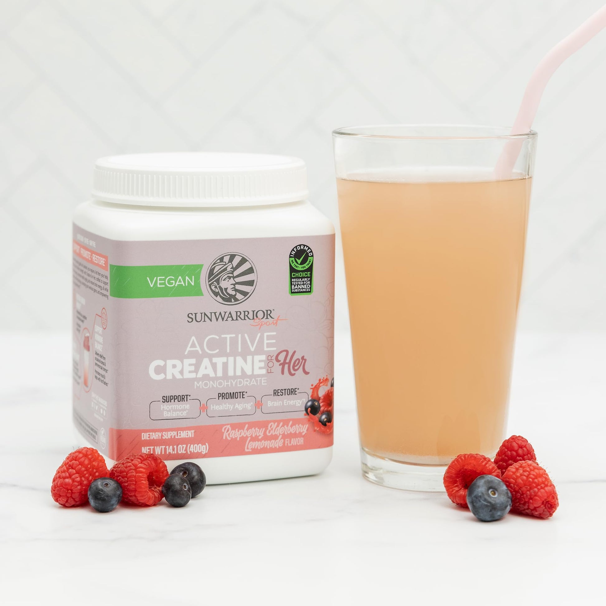 Sunwarrior Creatine for Women Monohydrate Powder Micronized Pre Workout Recovery Supplement Support Muscle Building Strength Training Cognition | Vegan and Easily Mixes 50 Servings, Raspberry Lemonade - Maple Wellness Supplements