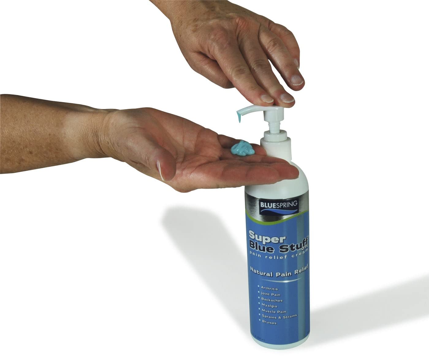 Super Blue Stuff OTC 12-oz. Pump Bottle - Natural, Made in USA, Paraben-free, Works in As Little As 5 Minutes for Joint/Muscle Pain, Backaches, Sprains/Strains, Bruises & Arthritis by Blue Spring - Maple Wellness Supplements