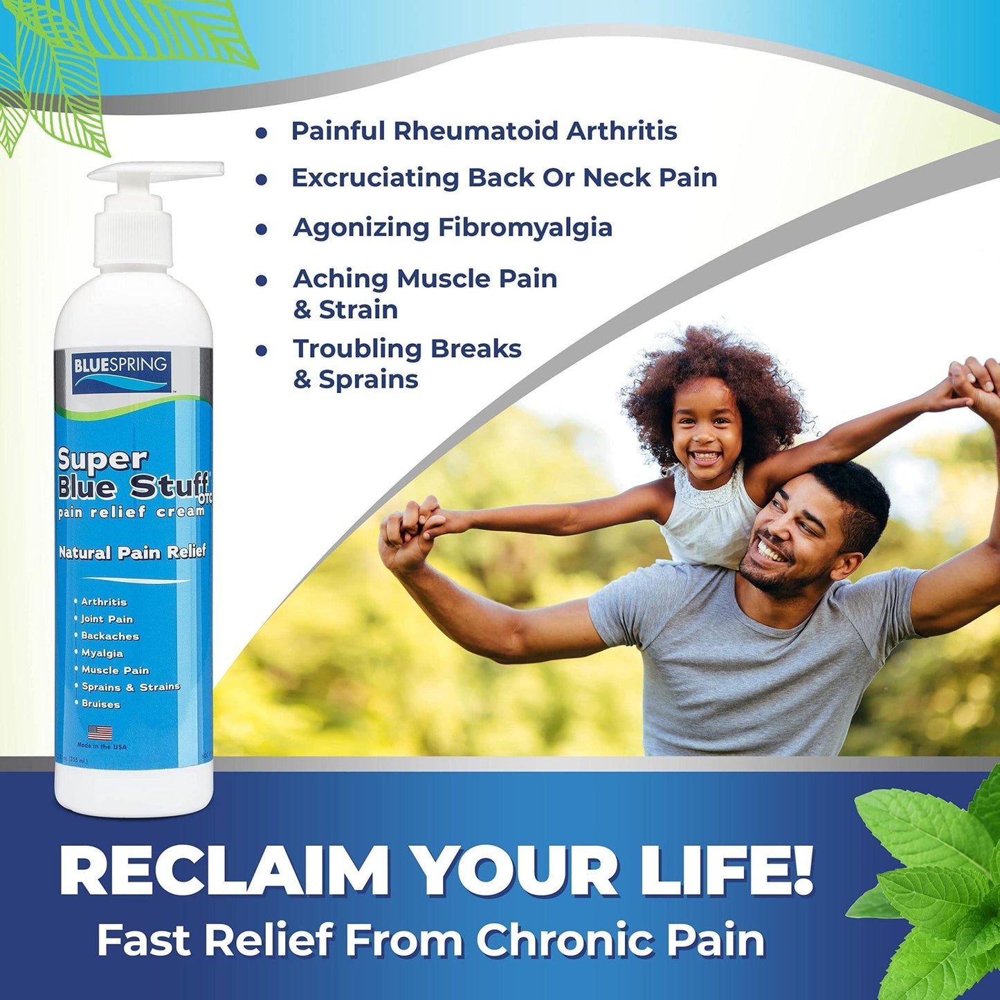 Super Blue Stuff OTC 12-oz. Pump Bottle - Natural, Made in USA, Paraben-free, Works in As Little As 5 Minutes for Joint/Muscle Pain, Backaches, Sprains/Strains, Bruises & Arthritis by Blue Spring - Maple Wellness Supplements