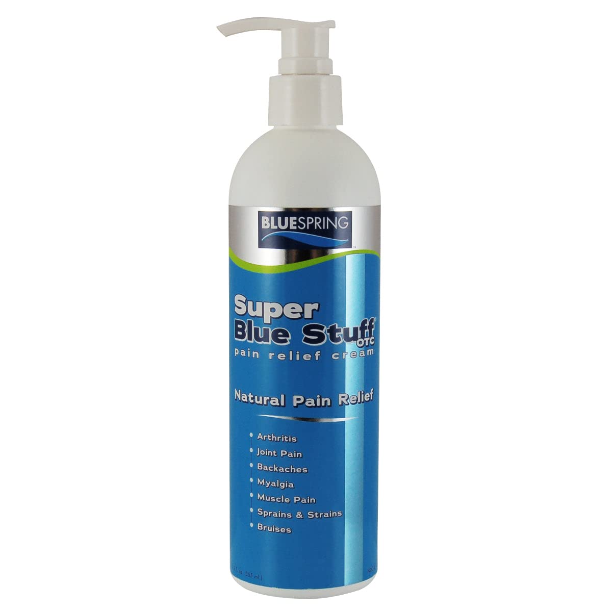 Super Blue Stuff OTC 12-oz. Pump Bottle - Natural, Made in USA, Paraben-free, Works in As Little As 5 Minutes for Joint/Muscle Pain, Backaches, Sprains/Strains, Bruises & Arthritis by Blue Spring - Maple Wellness Supplements