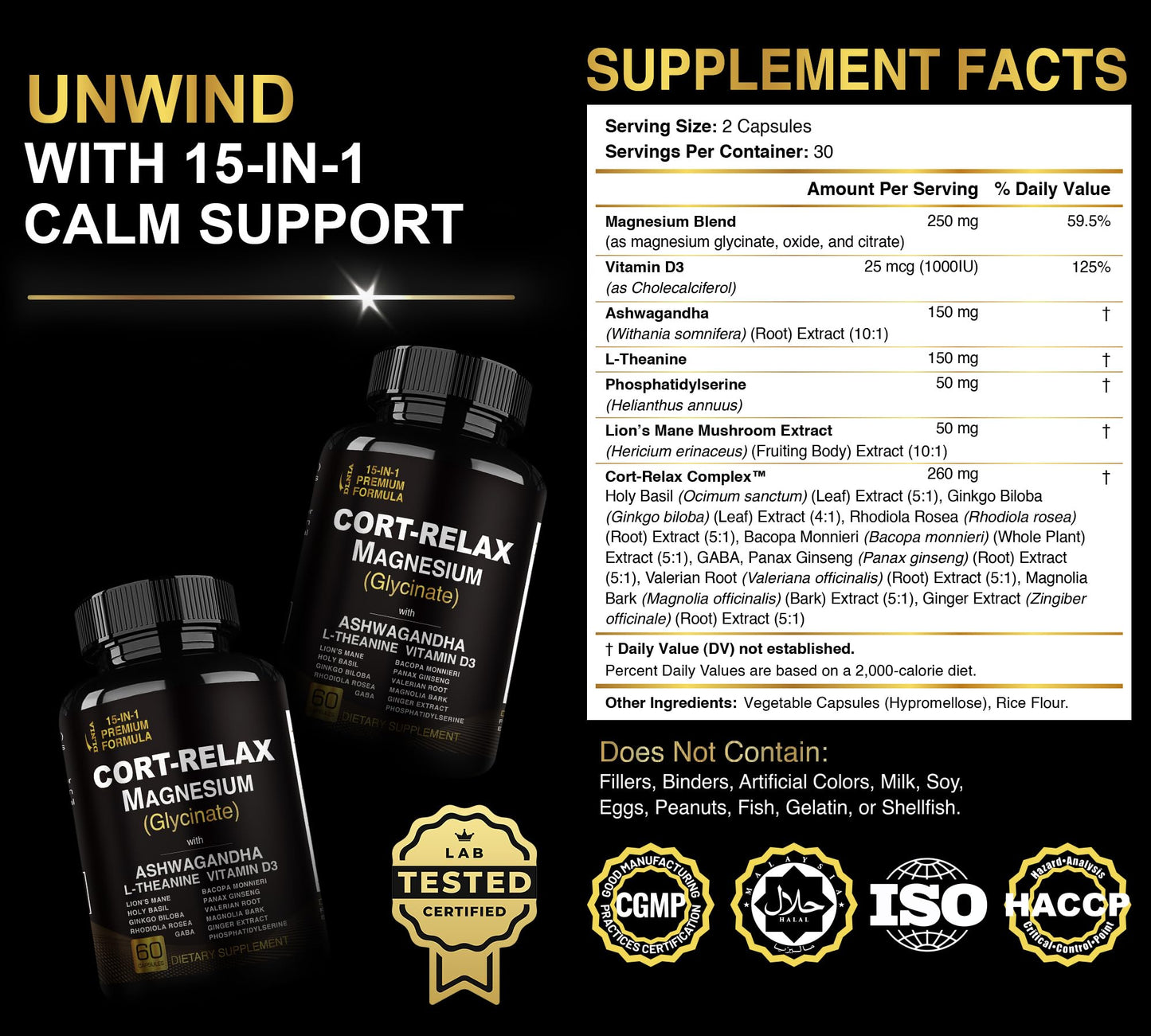 Super Calm Cortisol Supplements for Women & Men with Magnesium Glycinate, Ashwagandha, L-Theanine, Phosphatidylserine, Ginkgo & Lions Mane for Calm, Focus, Mental Clarity, Relaxation, Sleep, Energy - Maple Wellness Supplements