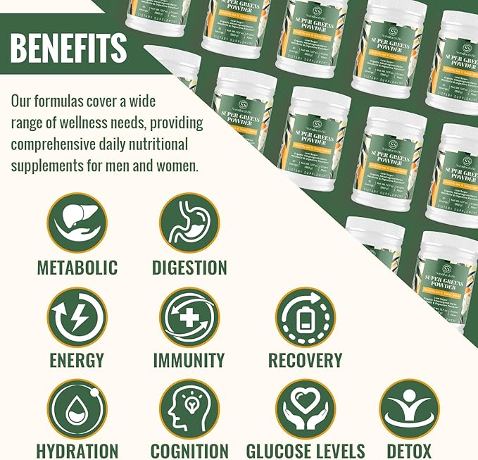 Super Greens Powder Superfood + Electrolytes & Tonic Herbs | Organic Greens, Shilajit, Adaptogens, Antioxidants, Preobiotic & Probiotic & Postbiotic| for Energy, Gut & Immune| Unflavored - 30 Servings - Maple Wellness Supplements